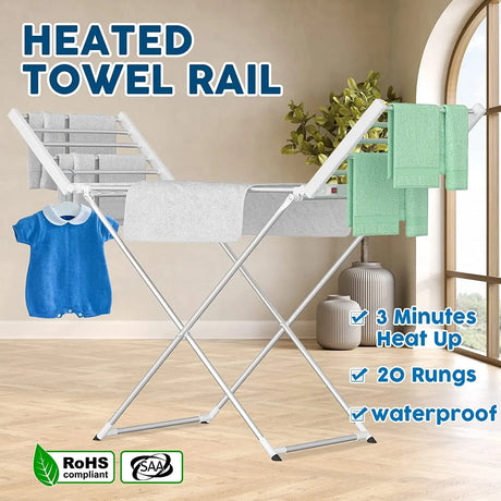 White electric towel rack, 220W, foldable.