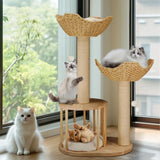 Large Cat Scratching Post Tree Tower with Baskets and Cubby Cave in Natural Wood & White, 60x40x99cm