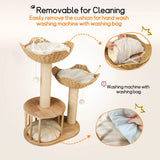 Large Cat Scratching Post Tree Tower with Baskets and Cubby Cave in Natural Wood & White, 60x40x99cm