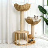Large Cat Scratching Post Tree Tower with Baskets and Cubby Cave in Natural Wood & White, 60x40x99cm