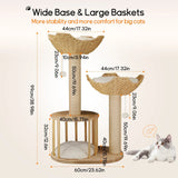 Large Cat Scratching Post Tree Tower with Baskets and Cubby Cave in Natural Wood & White, 60x40x99cm