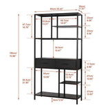 Metal Bookcase With Drawers, Dark Walnut & Black, 90x30x180cm, 6 Shelves