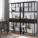 Metal Bookcase With Drawers, Dark Walnut & Black, 90x30x180cm, 6 Shelves