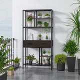 Metal Bookcase With Drawers, Dark Walnut & Black, 90x30x180cm, 6 Shelves