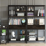 Metal Bookcase With Drawers, Dark Walnut & Black, 90x30x180cm, 6 Shelves
