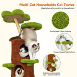 Large Multi-Level Cat Tree Tower in Green & Brown with Plush and Wood Design, 61x148cm