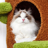 Large Multi-Level Cat Tree Tower in Green & Brown with Plush and Wood Design, 61x148cm