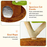 Large Multi-Level Cat Tree Tower in Green & Brown with Plush and Wood Design, 61x148cm