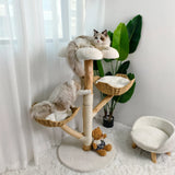 Real Wood Cat Tree Tower in Natural Wood for Indoor Cats Up to 10KG, 60x111cm
