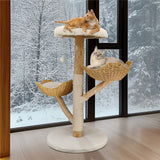 Real Wood Cat Tree Tower in Natural Wood for Indoor Cats Up to 10KG, 60x111cm