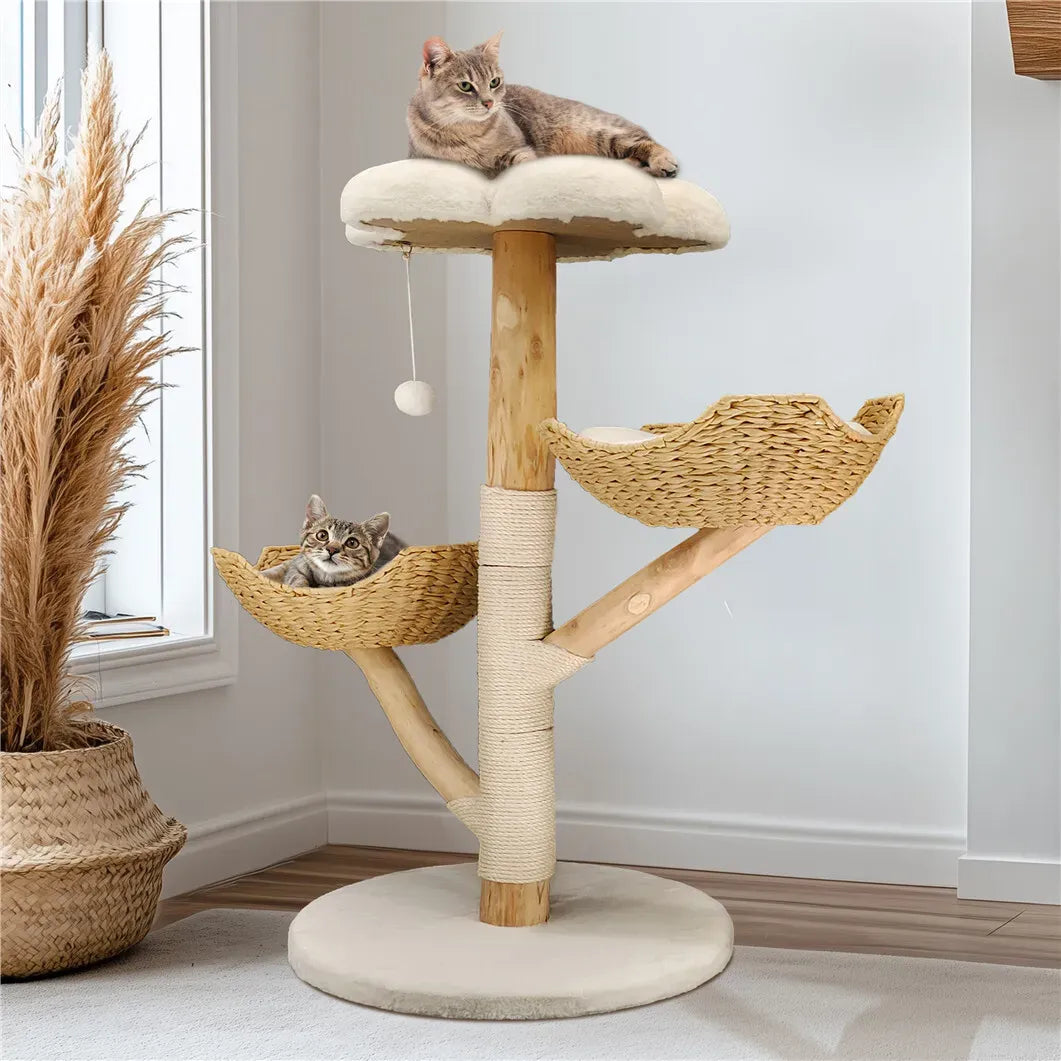 Real Wood Cat Tree Tower in Natural Wood for Indoor Cats Up to 10KG, 60x111cm