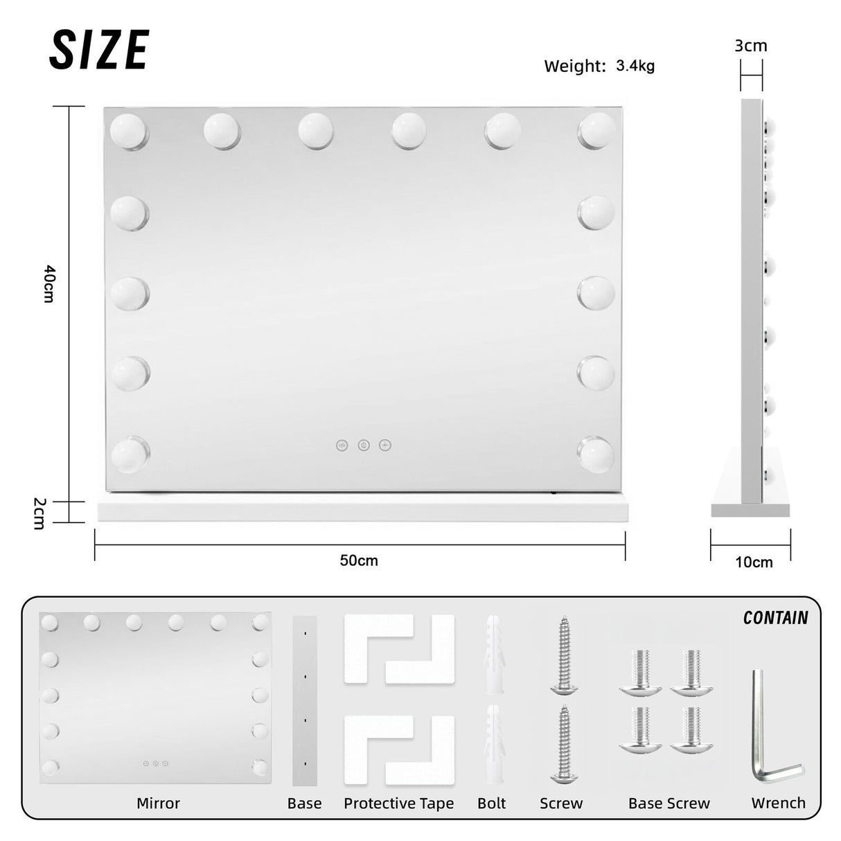 LED Beauty Mirror with 14 Bulbs, Colour Settings, USB A and USB C, White, 50 × 42cm