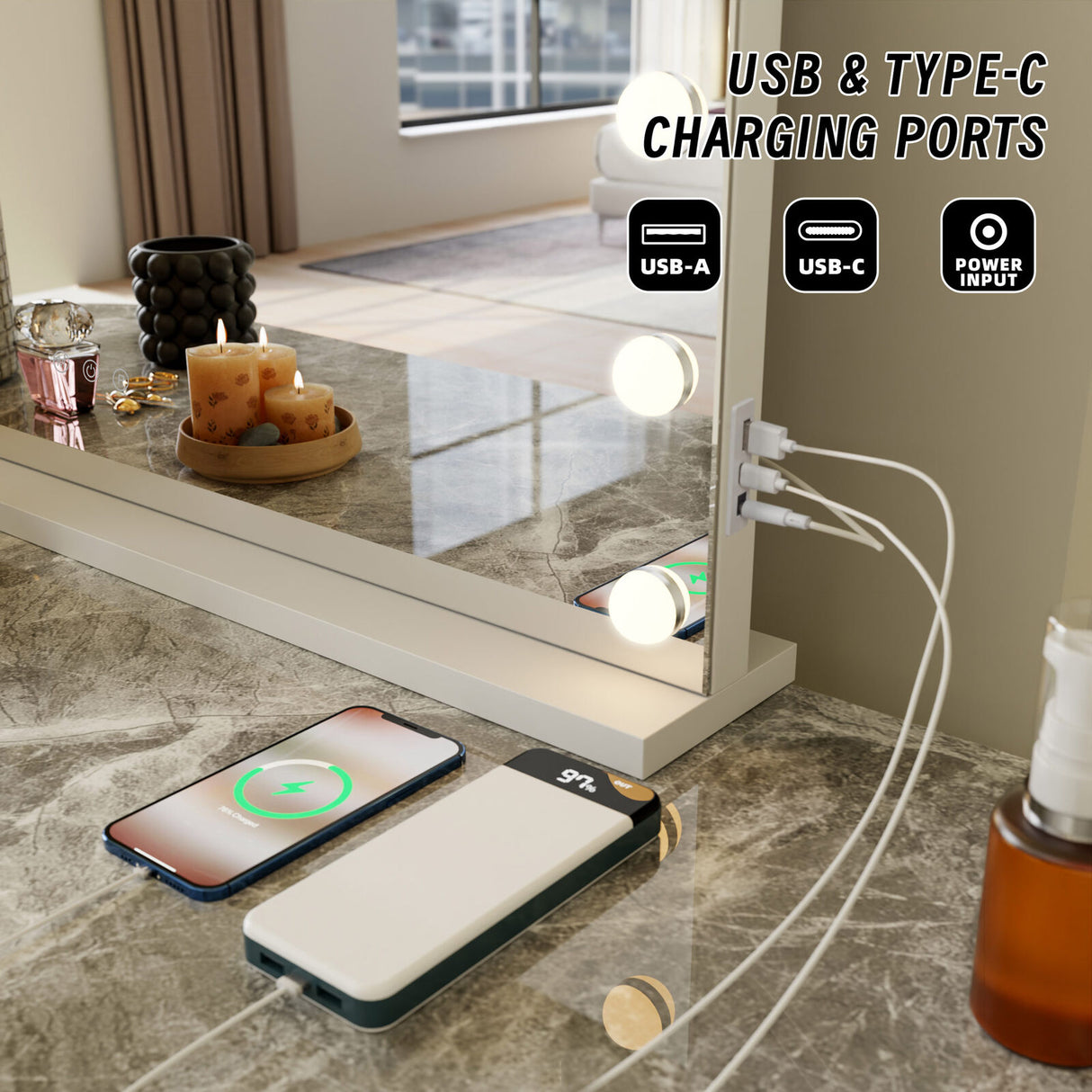 LED Beauty Mirror with 14 Bulbs, Colour Settings, USB A and USB C, White, 50 × 42cm