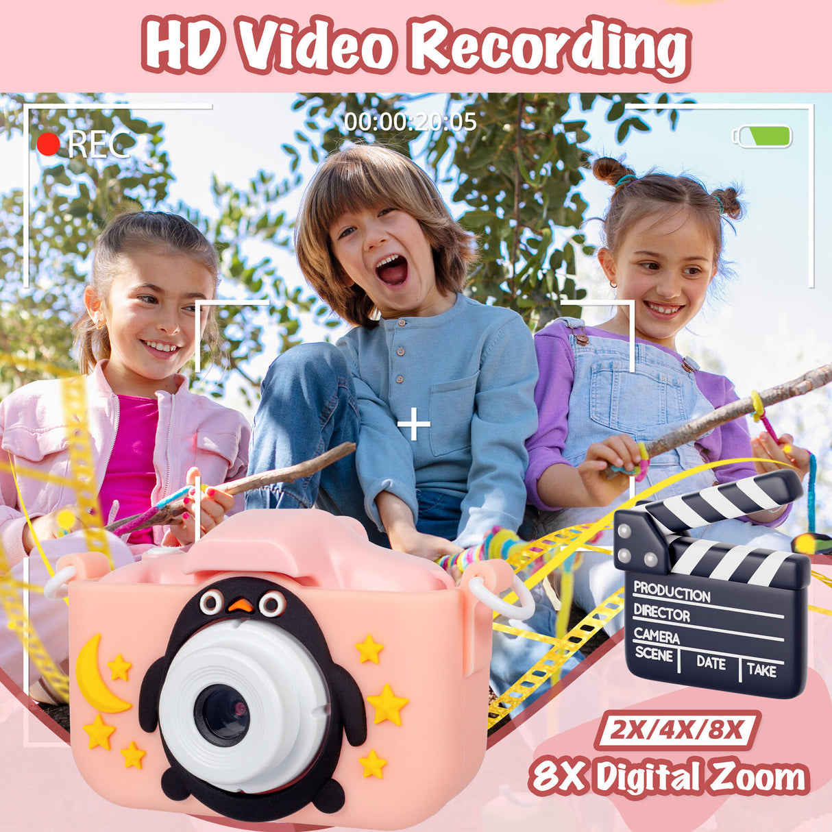 Kids Digital Dual Lens Camera, 4x Zoom and HD Video Recording (Pink)