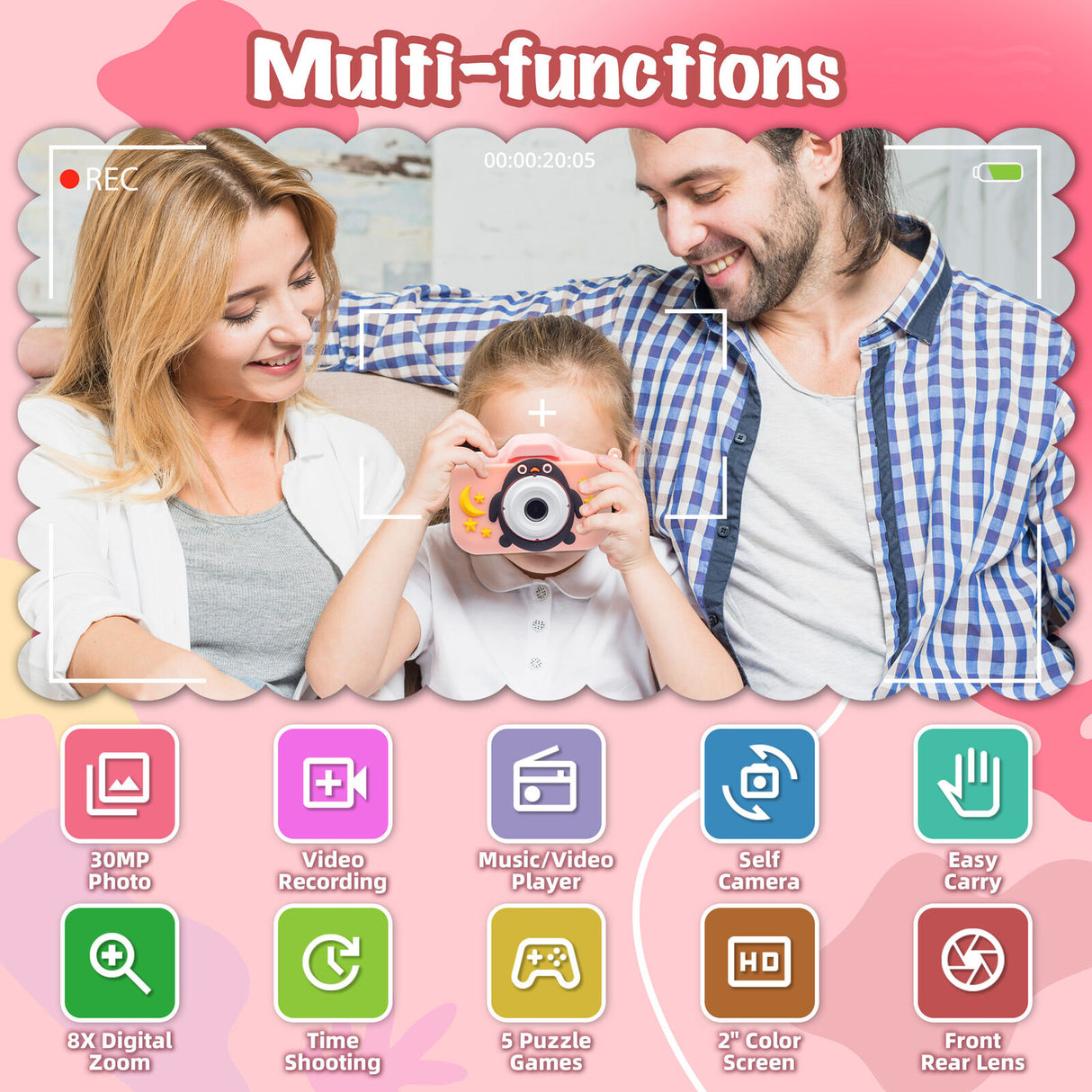 Kids Digital Dual Lens Camera, 4x Zoom and HD Video Recording (Pink)