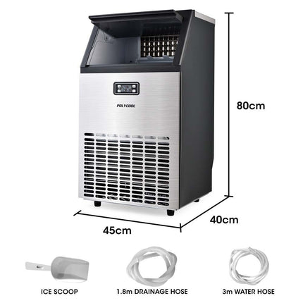 POLYCOOL Commercial Ice Maker Machine, up to 45kg/24hr, Stainless Steel, Undercounter, Freestanding