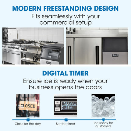 POLYCOOL Commercial Ice Maker Machine, up to 45kg/24hr, Stainless Steel, Undercounter, Freestanding