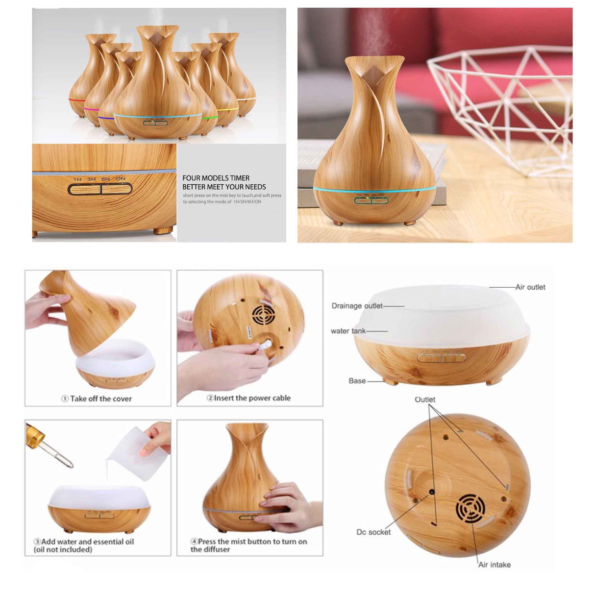Essential Oil Aroma Diffuser Tulip Light Wood  -Ultrasonic Mist Humidifier