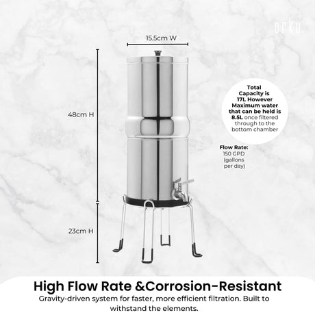 Stainless steel water filter, 8.5L, eco friendly.