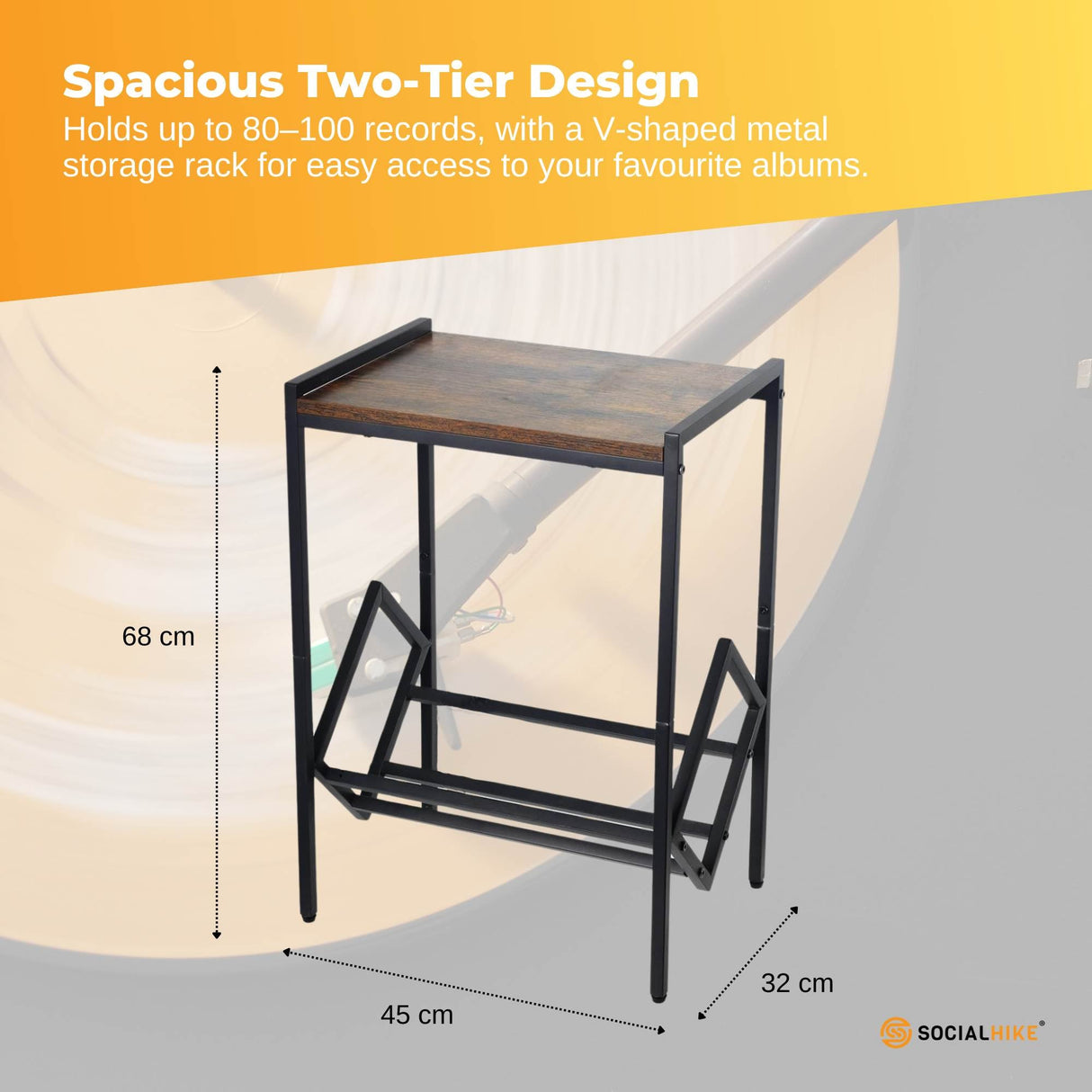 Social Hike Turntable Player Stand & Vinyl LP Record Album Storage - Black Metal