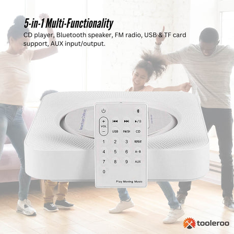 White radio, operated by remote control.