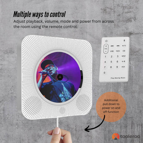 White radio, operated by remote control.