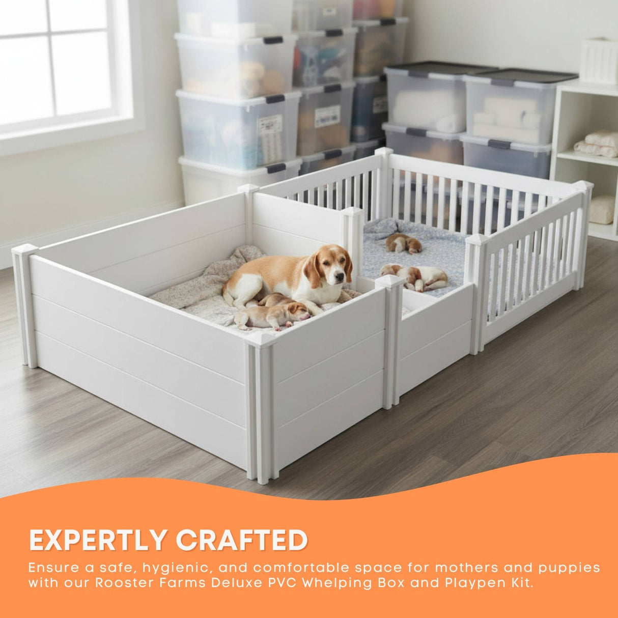Rooster Farms PVC Dog Whelping Box + Play Pen 2.96m x 1.48m x 0.48m - Birthing Kit