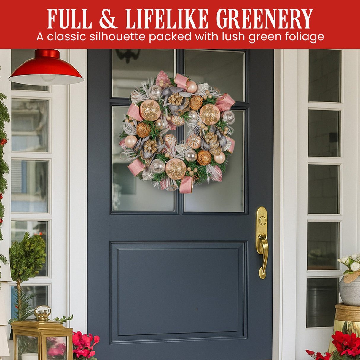 Christabelle 56cm Christmas Wreath Lush Green Holiday Door Wreath w/Jewelled Baubles, Foliage, Flowers, Pine Cones, Ribb