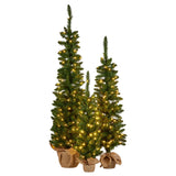 Christabelle Set of 3 Pre-Lit Christmas Trees Green Pine w/LED Lights, Hessian Base & Individual Plugs Varying Heights