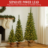 Christabelle Set of 3 Pre-Lit Christmas Trees Green Pine w/LED Lights, Hessian Base & Individual Plugs Varying Heights