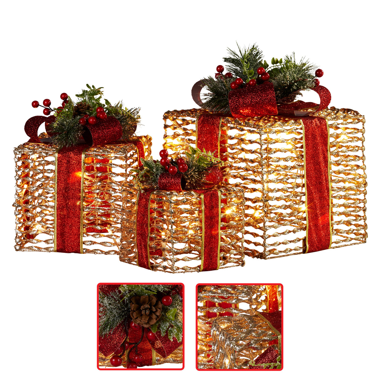 Christabelle Set Of 3 Christmas Gift Boxes With Lights - Champagne With Red Bows