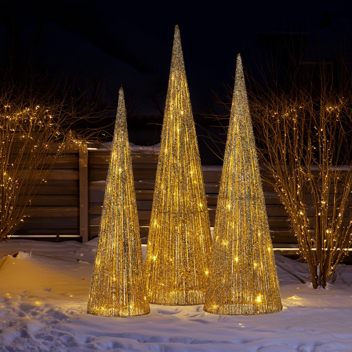 Christabelle Pre-lit Gold Cone Christmas Trees Set Of 3 Warm White Led Lights