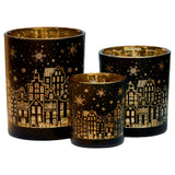 Christabelle Christmas Candle Jar Set Of 3 Black And Gold Holiday Candle Holders