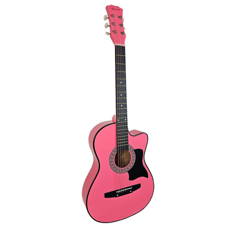 Pink cutaway acoustic guitar.