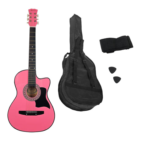 Pink cutaway acoustic guitar.