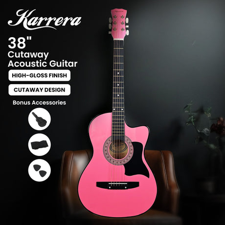 Pink cutaway acoustic guitar.