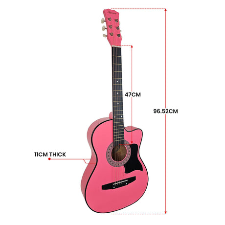 Pink cutaway acoustic guitar.