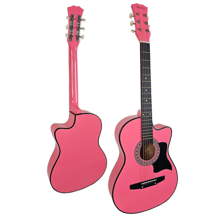 Pink cutaway acoustic guitar.