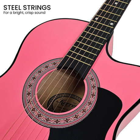 Pink cutaway acoustic guitar.
