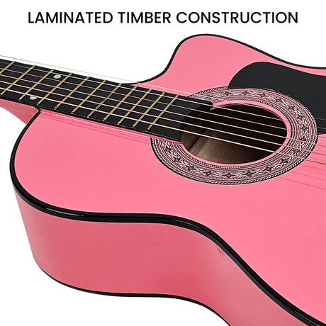 Pink cutaway acoustic guitar.