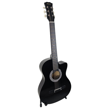 Black cutaway acoustic guitar.