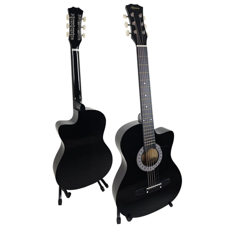 Black cutaway acoustic guitar.