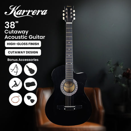 Black cutaway acoustic guitar.