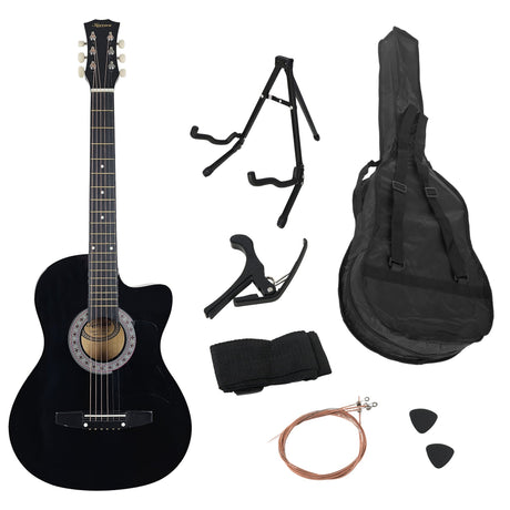 Black cutaway acoustic guitar.