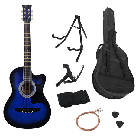 Blue cutaway acoustic guitar, supplied with a carry bag.