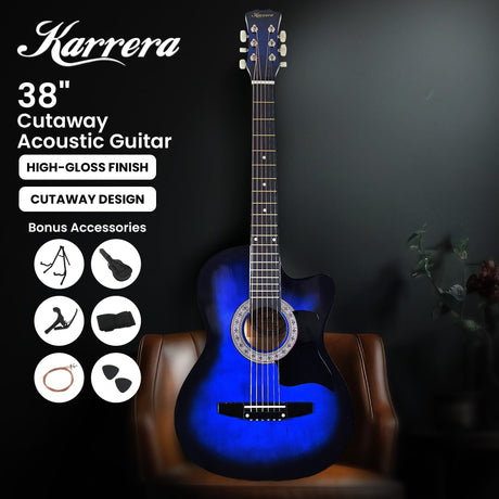 Blue cutaway acoustic guitar, supplied with a carry bag.