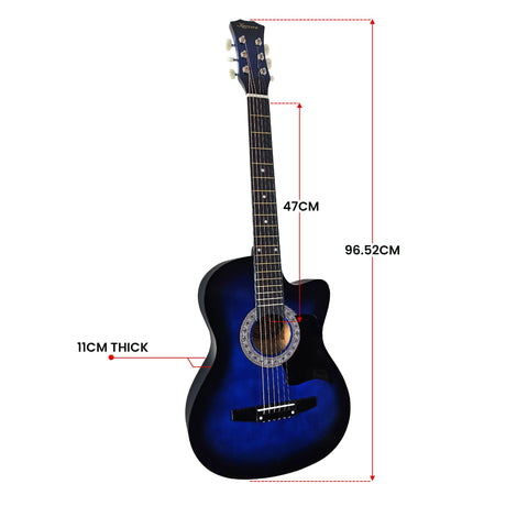 Blue cutaway acoustic guitar, supplied with a carry bag.