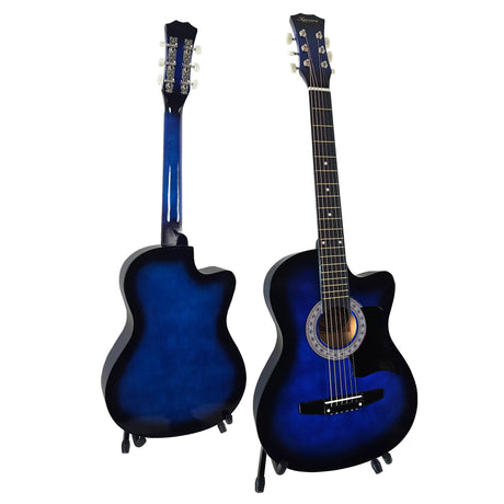 Blue cutaway acoustic guitar, supplied with a carry bag.