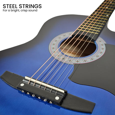 Blue cutaway acoustic guitar, supplied with a carry bag.