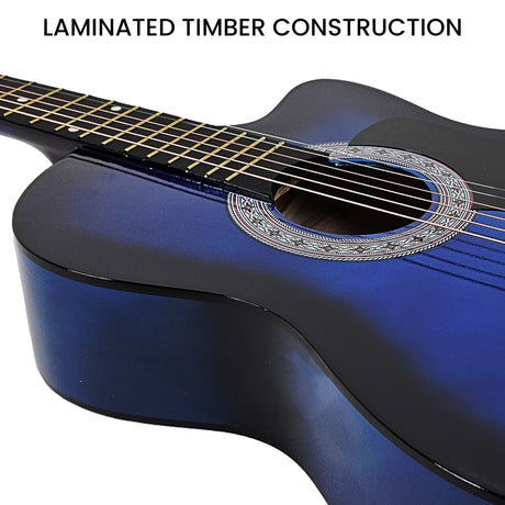 Blue cutaway acoustic guitar, supplied with a carry bag.